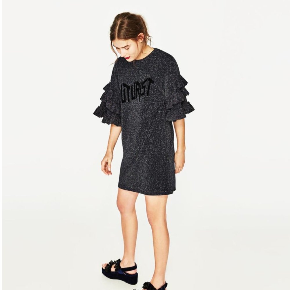 ZARA Ruffle Sleeve Sparkly Black Mini Dress ✨ Futurist Print in Velvet 🖤